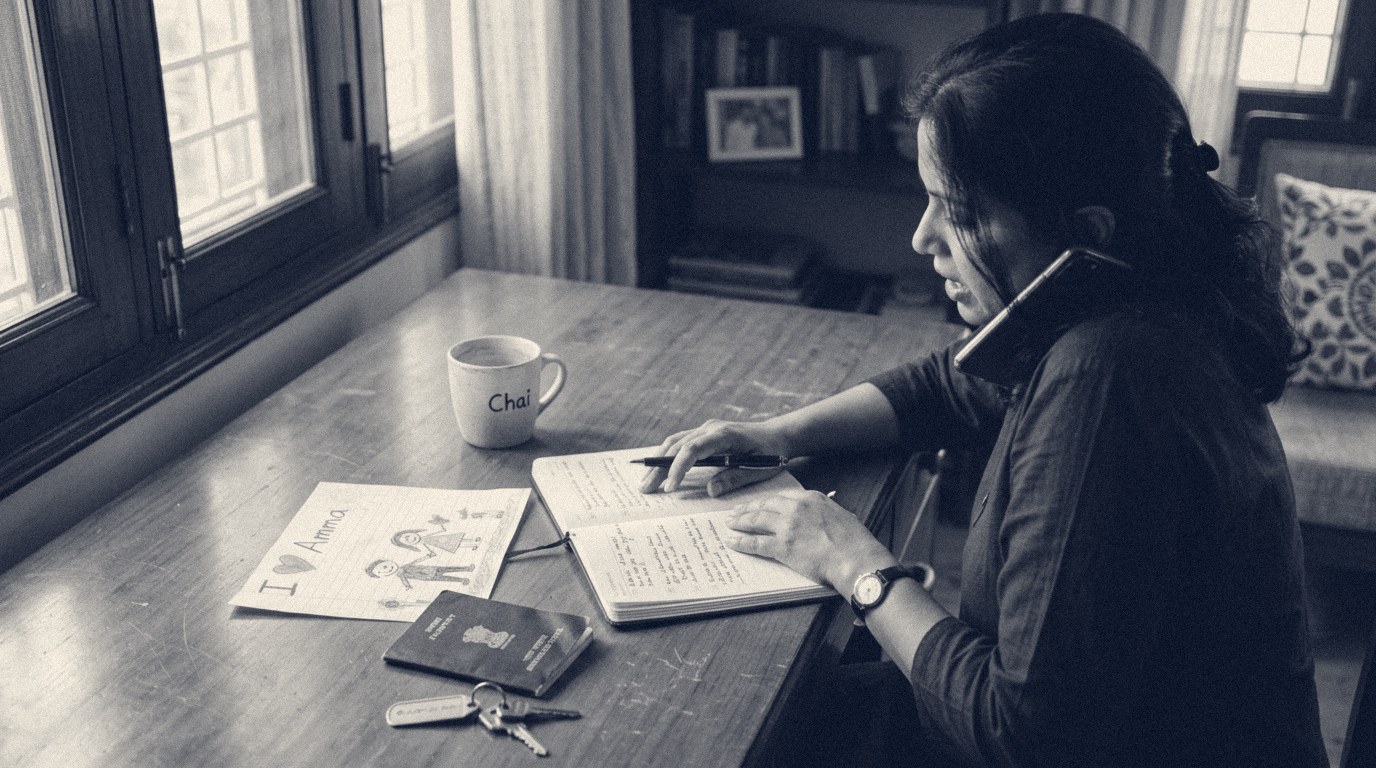 A working parent at a wooden home desk, phone tucked at the ear, writing into an open journal beside a child's hand-drawn note and a navy passport.