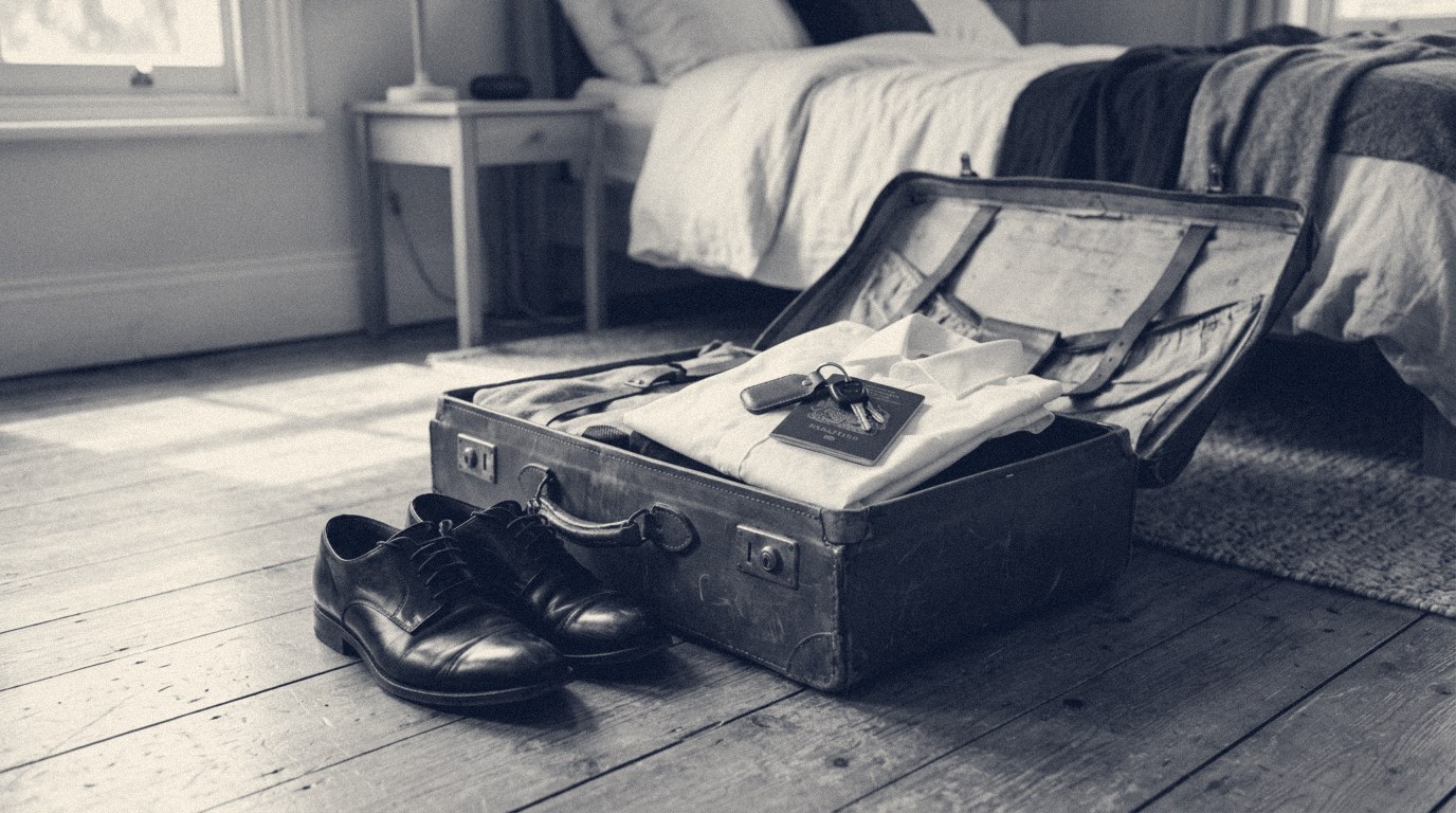 A half-packed leather suitcase open on a hardwood floor beside polished black office shoes, with a folded white shirt, a passport and a set of keys placed on top.