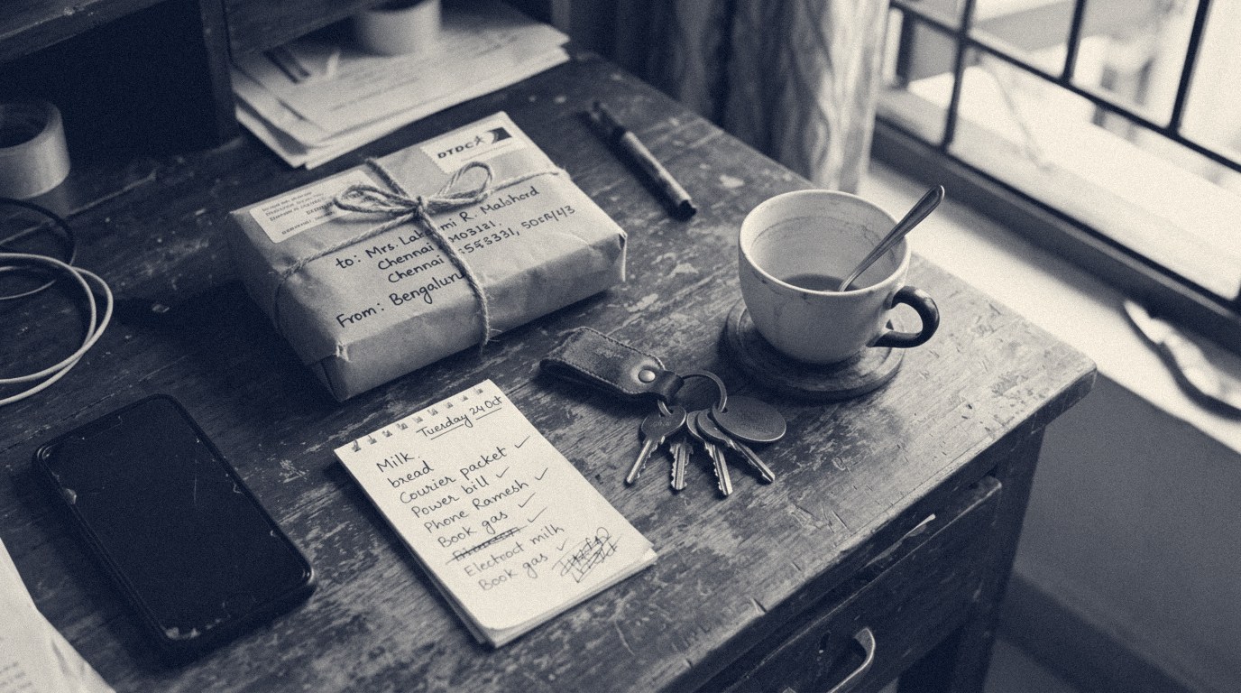 An overhead still-life of a courier package, house keys, a handwritten Tuesday list and a half-finished coffee on a worn wooden desk.