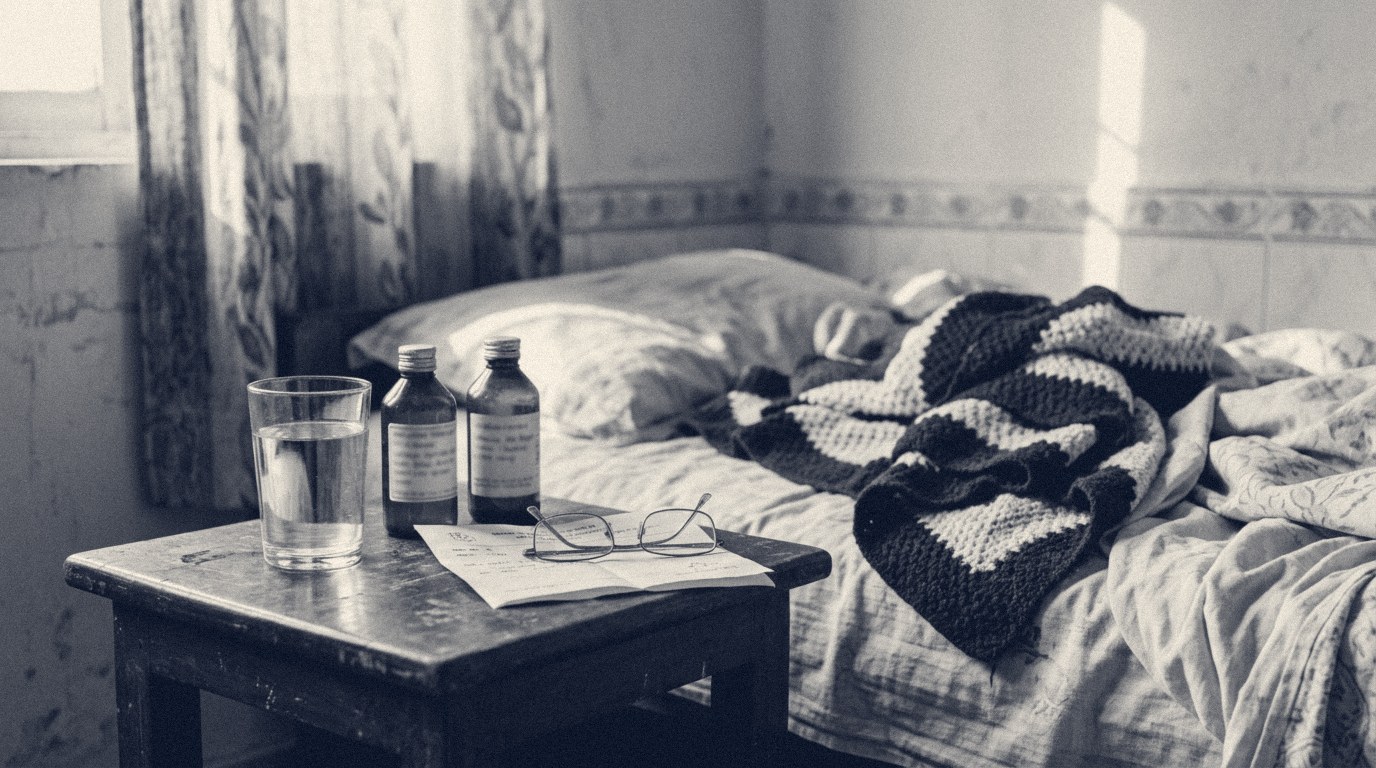 A quiet bedside still-life: a glass of water, two amber medicine bottles, a folded prescription and reading glasses on a small wooden side-table beside a softly lit bed.
