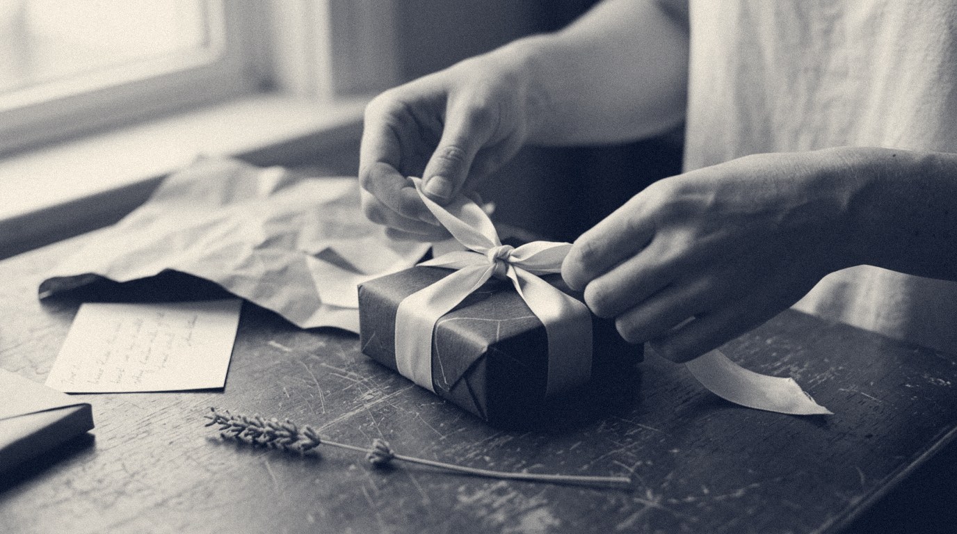 A pair of hands tying a pale silk ribbon around a small wrapped gift on a wooden table, beside a handwritten card and a single dried flower.